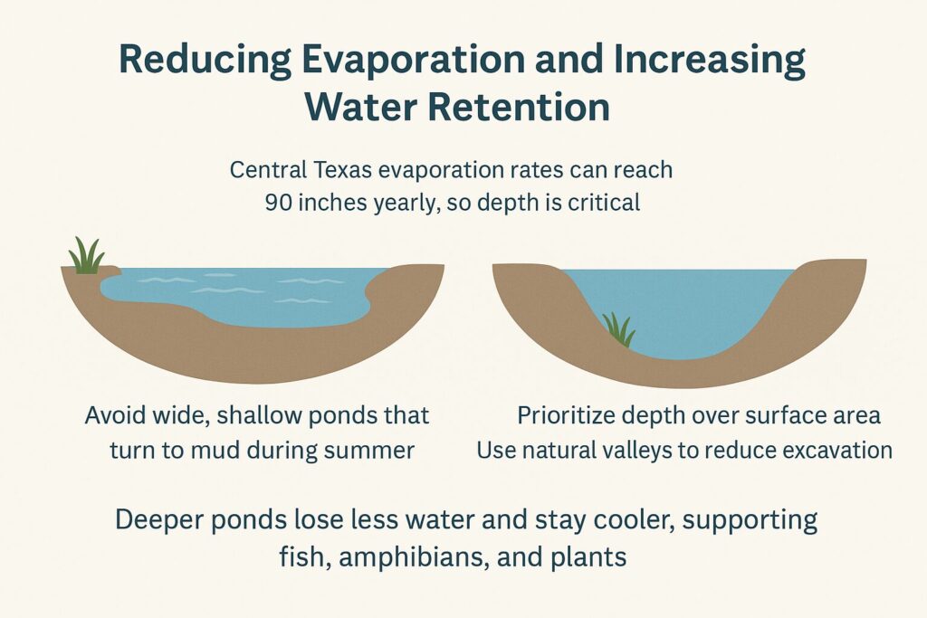 Illustration comparing wide shallow ponds to deep ponds to reduce evaporation and improve water retention in Central Texas
