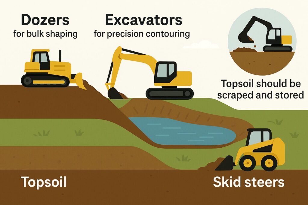 Illustration showing how dozers, excavators, and skid steers are used in pond construction, with a focus on bulk shaping, precision contouring, material movement, and proper topsoil storage.