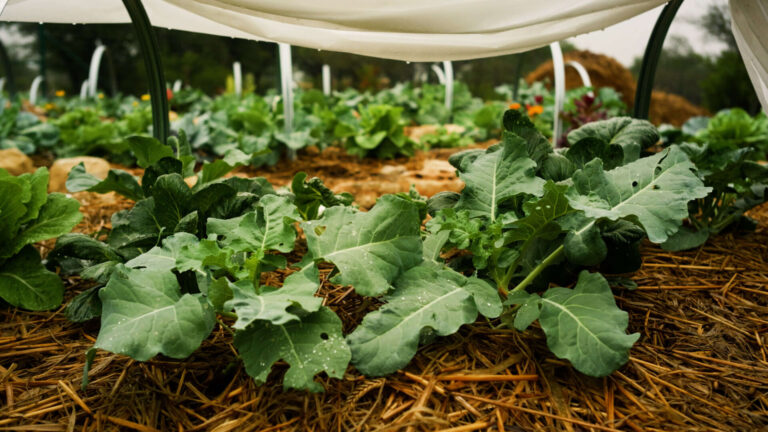 Cold weather vegetable garden in Central Texas with healthy winter greens protected under row cover in raised beds