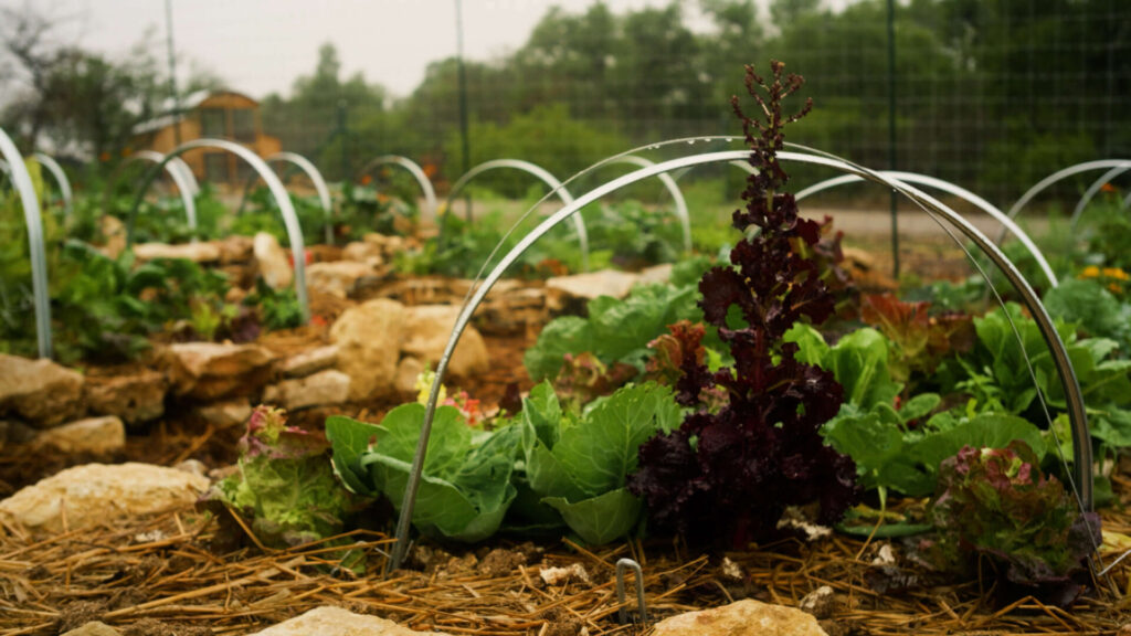Close up of lettuce, kohlrabi, and leafy greens growing in a mulched raised bed during winter in Central Texas