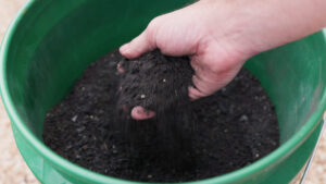 Hand holding biochar soil amendment inside a green bucket in Texas Hill Country