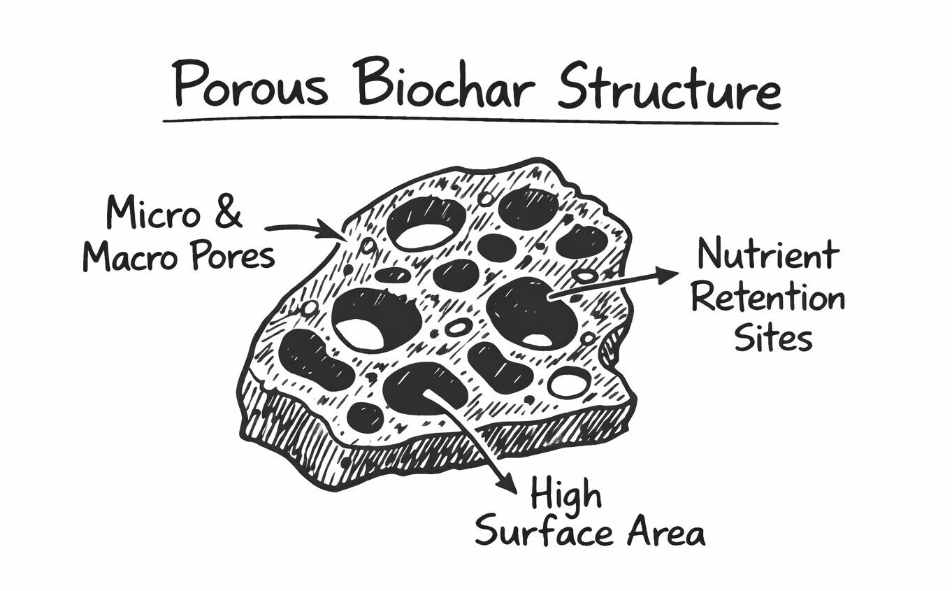 Whiteboard diagram showing porous biochar structure with micro and macro pores
