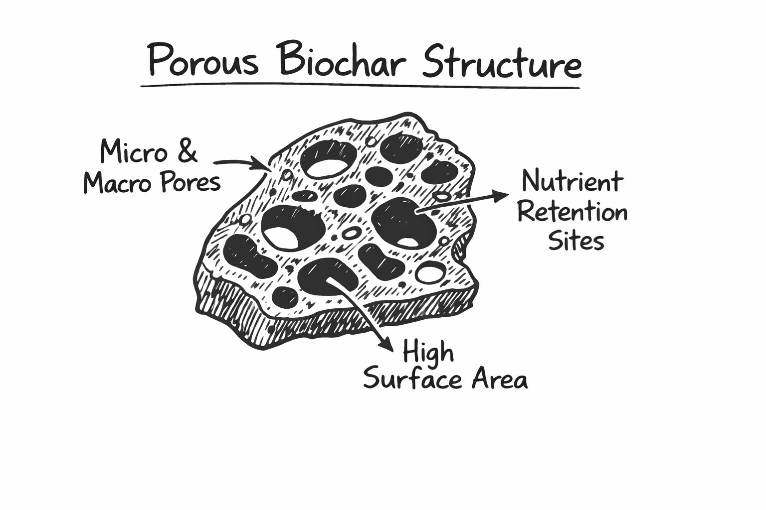 Whiteboard diagram showing porous biochar structure with micro and macro pores