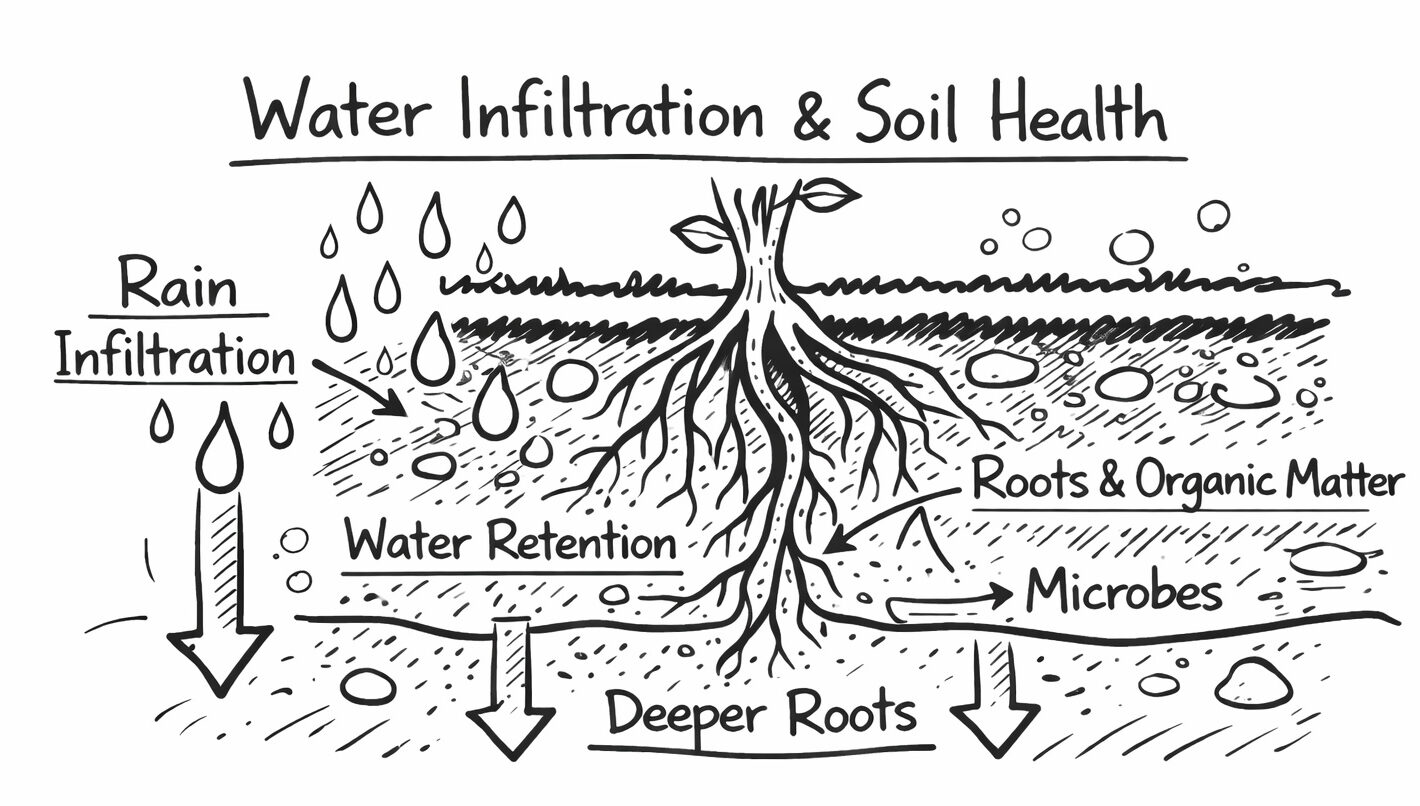 Diagram illustrating water infiltration and soil health improvement with biochar