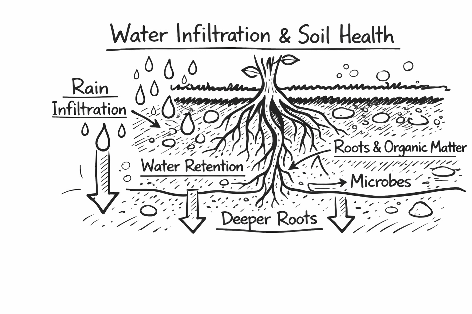Diagram illustrating water infiltration and soil health improvement with biochar