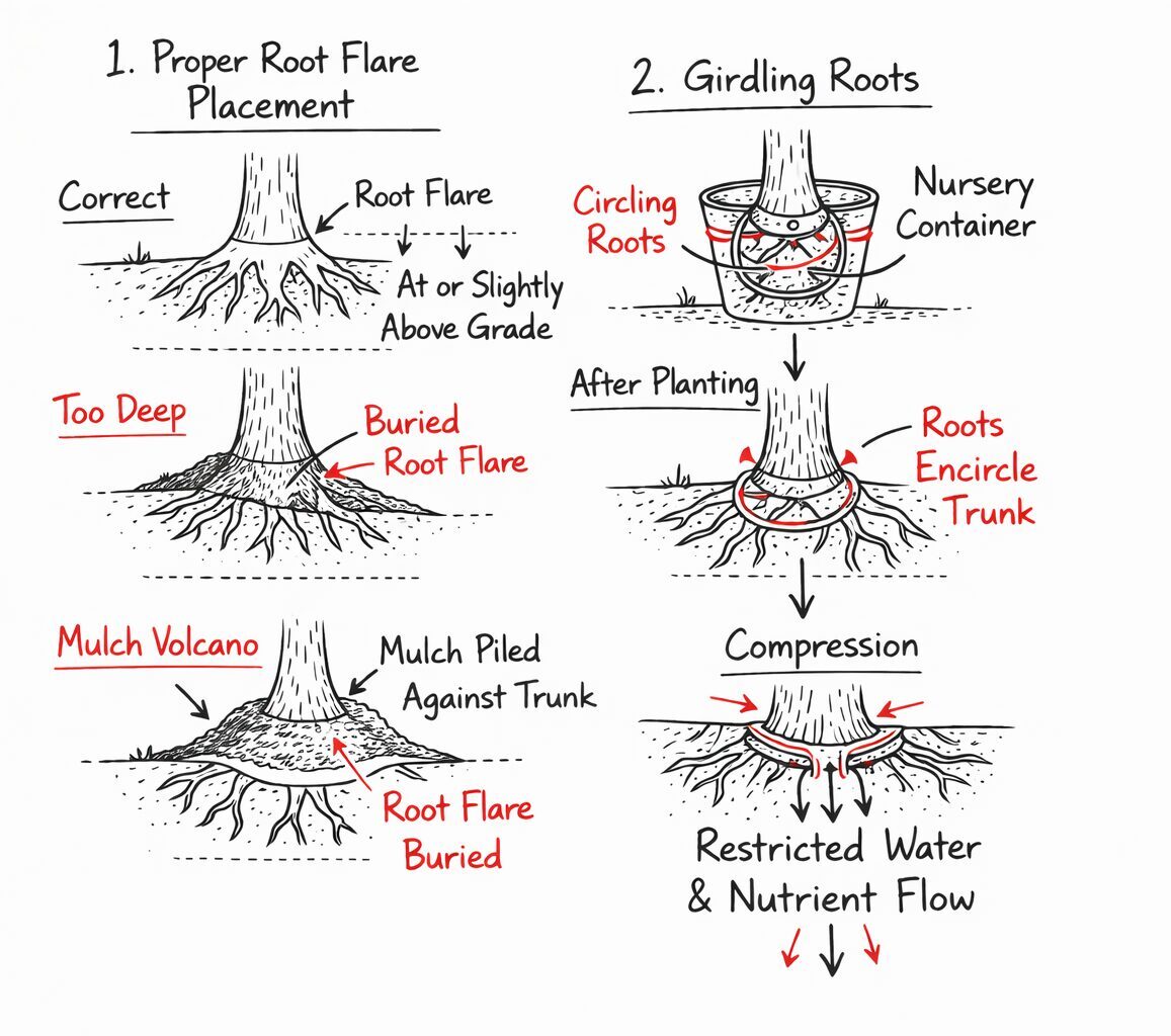Hand-drawn diagram showing correct root flare placement, mulch volcano, and girdling root compression