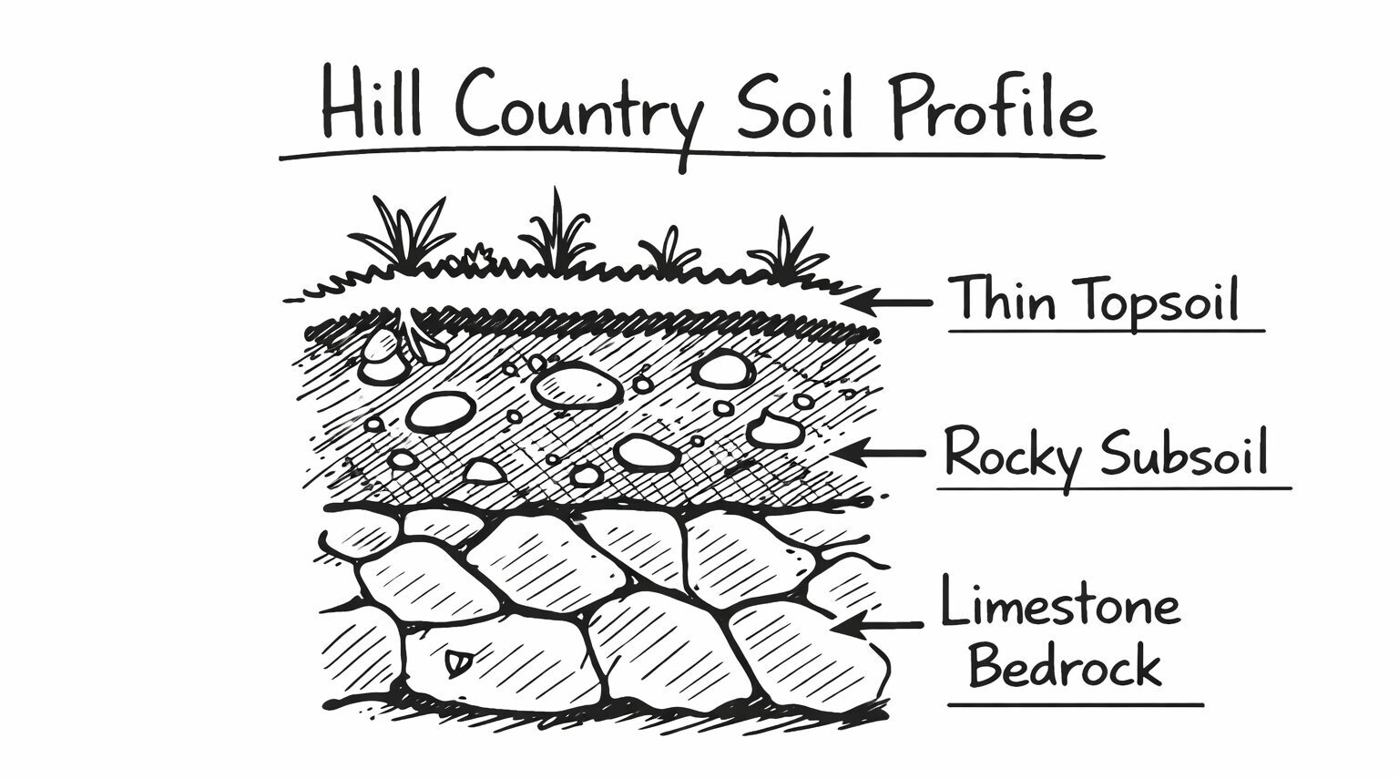 Diagram of Texas Hill Country soil profile showing thin topsoil over limestone bedrock