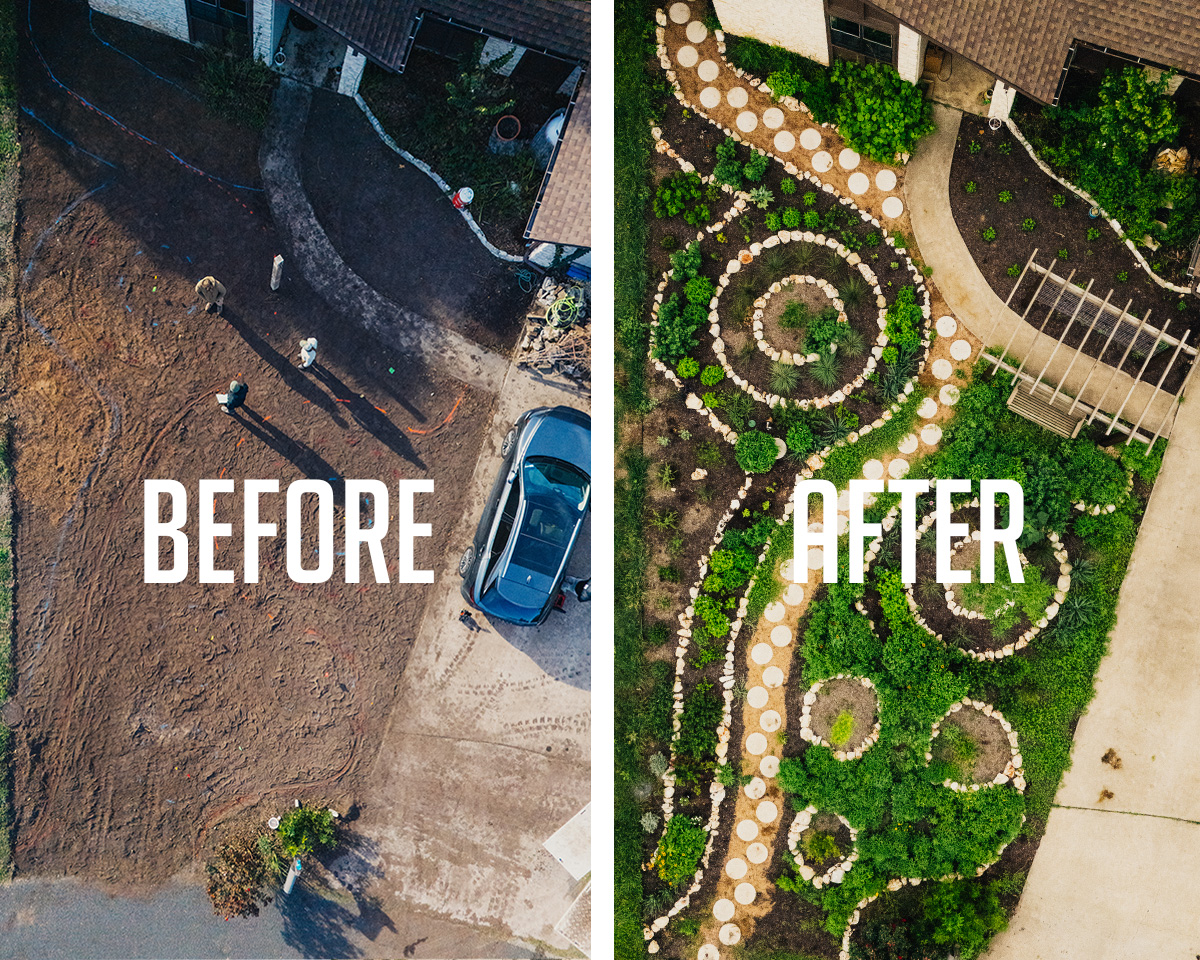 Before and after aerial view of an Austin front yard lawn conversion — bare dirt on the left showing the cleared Bermuda grass lawn, lush pollinator garden with limestone riprap beds and circular stone pathways on the right