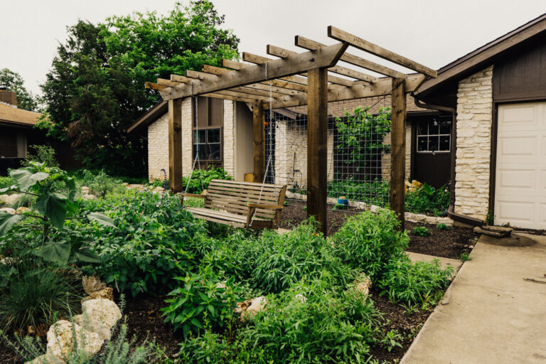 Custom wood arbor with hanging swing in an Austin Texas front yard pollinator garden — passion vine beginning to climb the trellis structure, surrounded by dense native plantings including groundcover, flowering perennials, and young trees, with the residential home facade visible behind