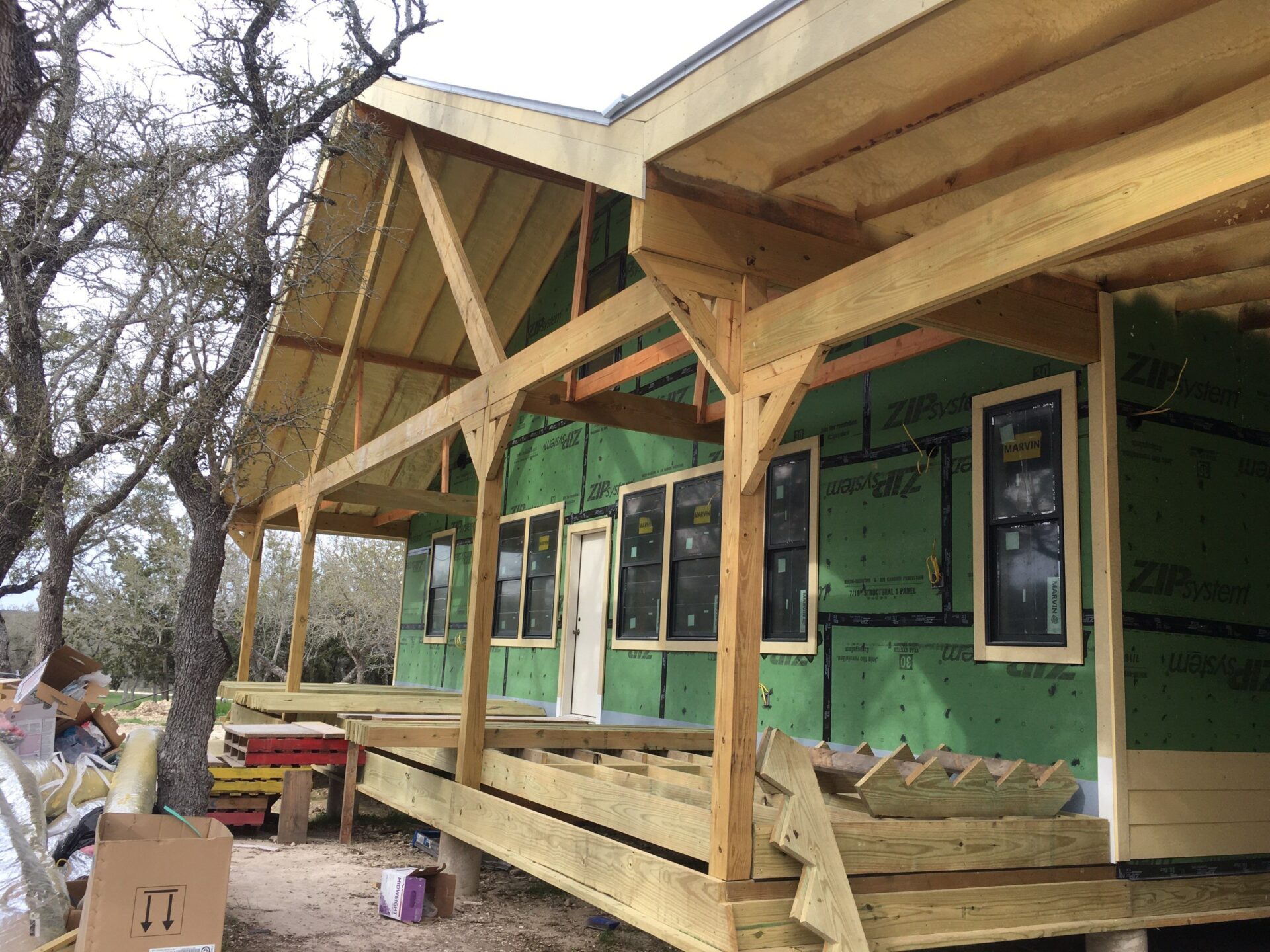 Front porch of a completed ecological home in the Texas Hill Country.