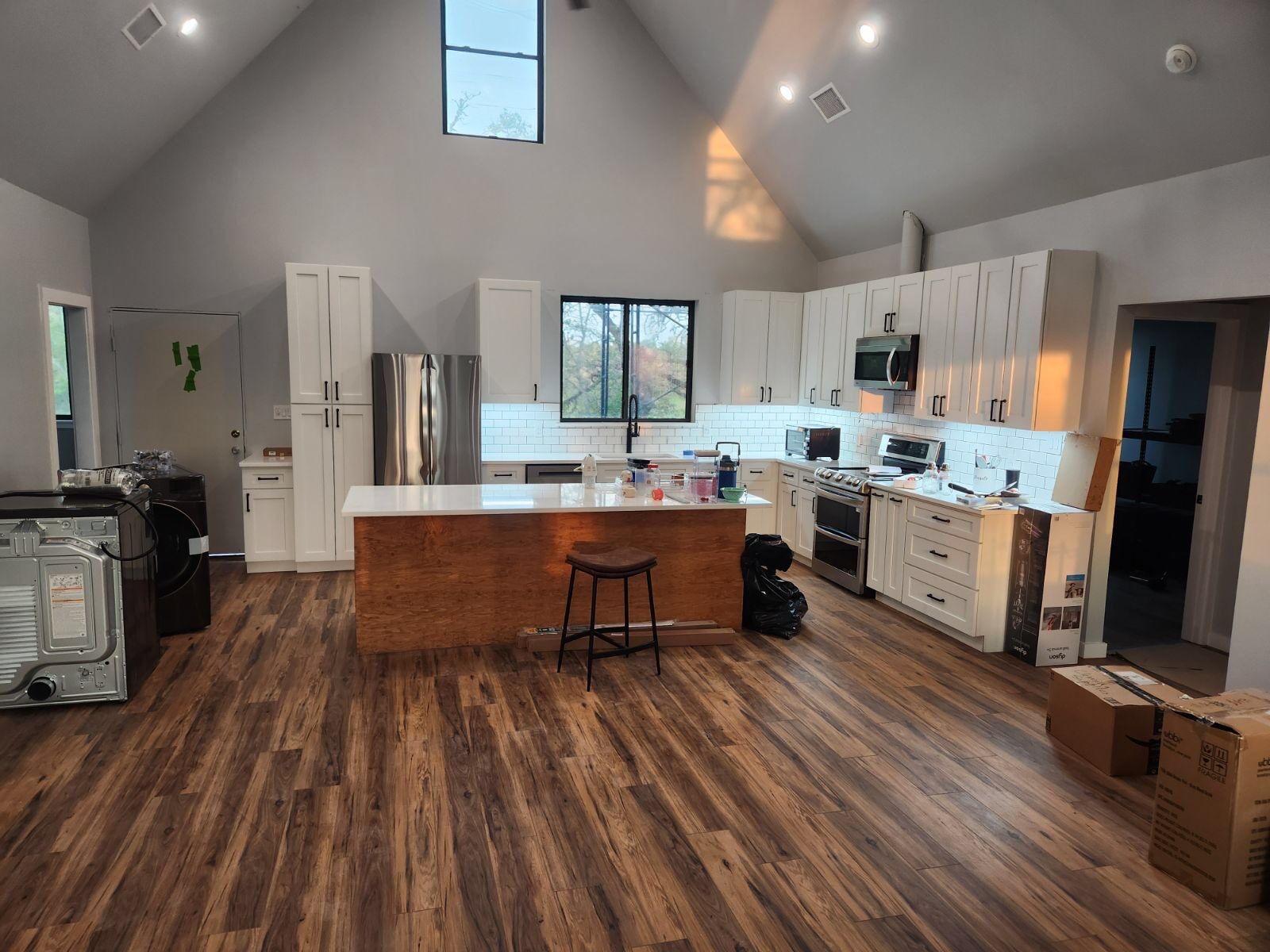 Kitchen nearing completion in the second of two ecological homes on a Central Texas property.