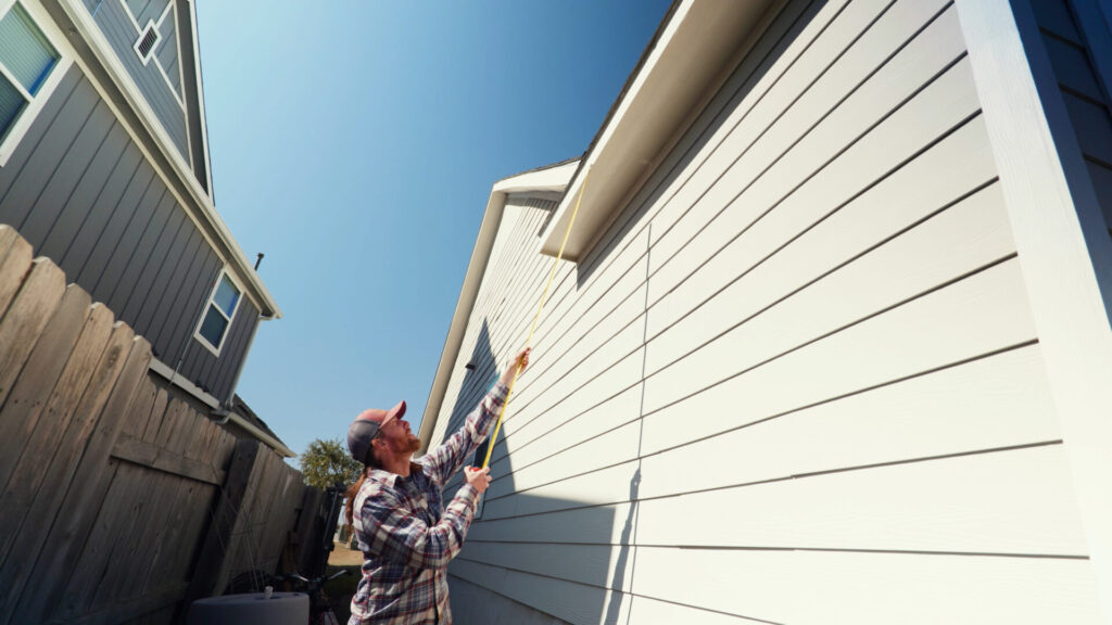 Symbiosis consultant measuring a home's roofline to assess rainwater runoff and capture potential